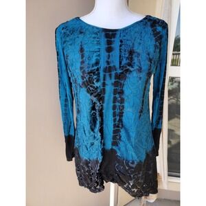 Chicos Tunic Top Women Small Black Blue Tie Dye Velvet Burnout Floral Elegant